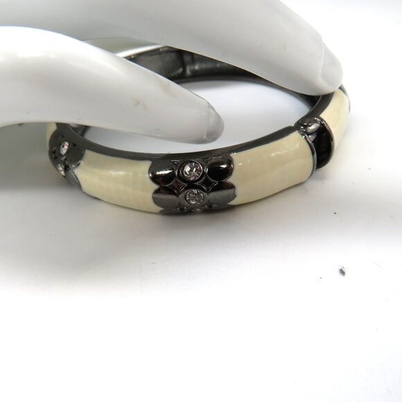 Enamel Bracelet Cream Gun Metal Gray Hinged Bangle Clear Rhinestone Accents - Picture 7 of 12